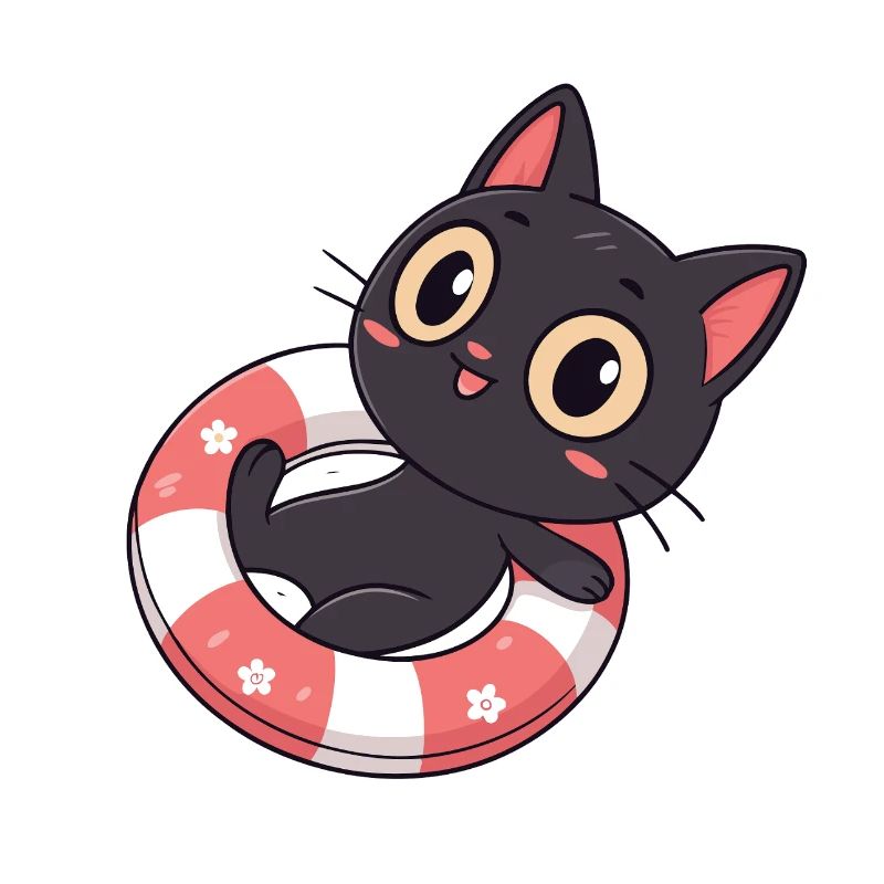 Chat noir sur bouée fleurs