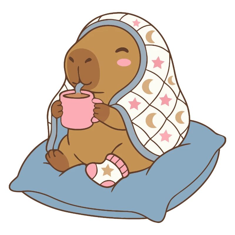 Cozy  Night Capybara on a pillow sipping cocoa