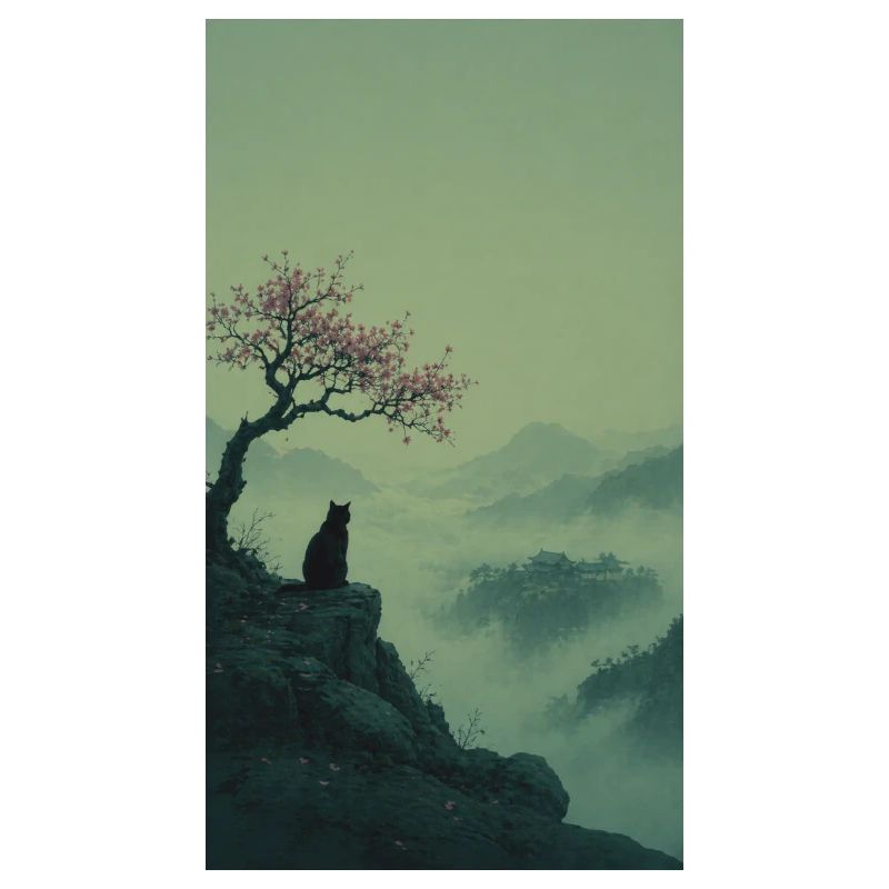 Schwarze Katze am Sakura-Baum – Asian Zen Design