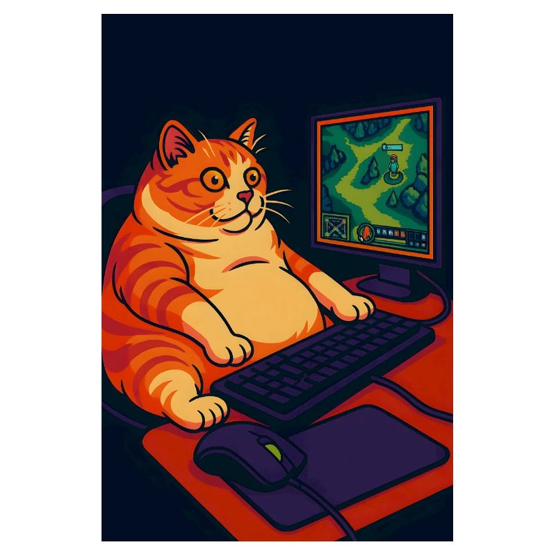 Chubby Gaming Cat with Retro Pixel Art