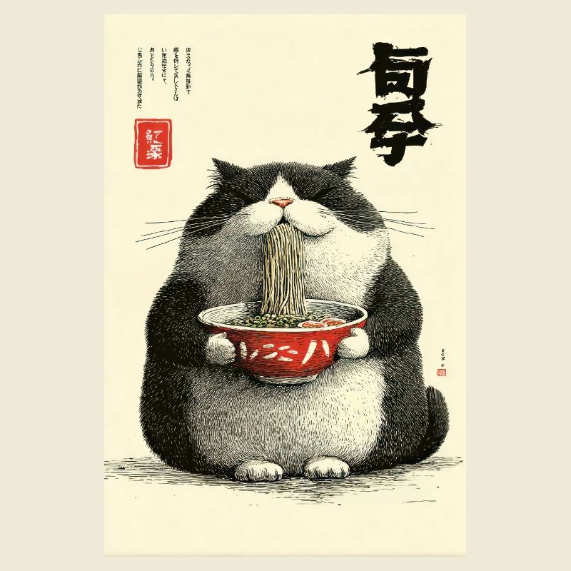 Festin de nouilles Neko dans le style Ukiyo-e