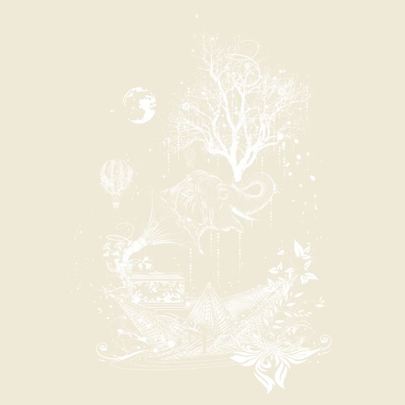 Elephant, paper ship and tree-surreal design