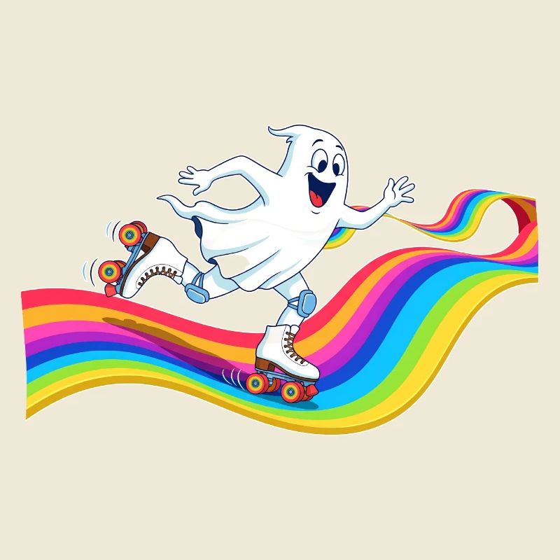 Ghost roller skating on rainbow rink