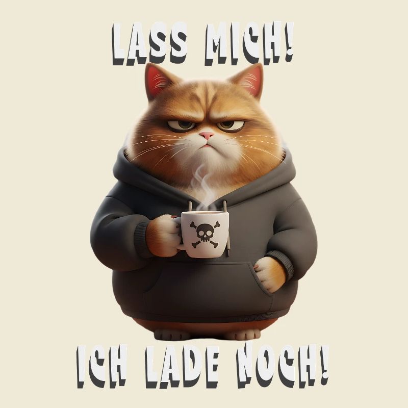 Lass mich! Ich lade noch – Müde Katze mit Kaffee