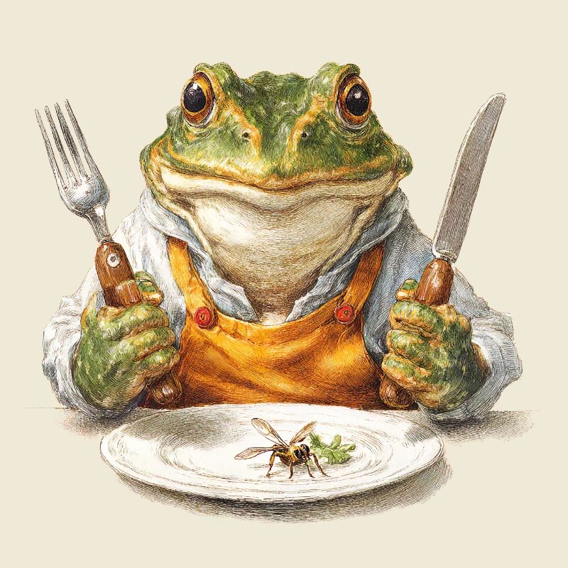 Frog chef with fork and knife