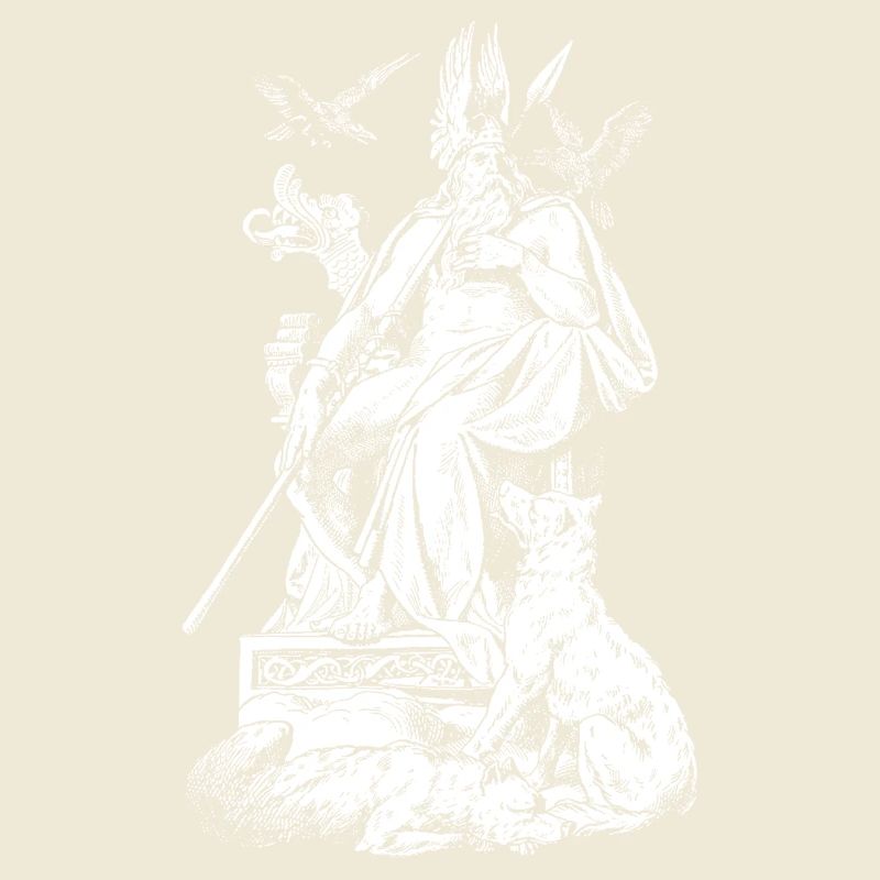 Odin on throne with spears, ravens and wolves