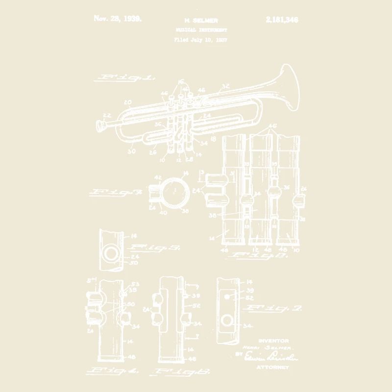 Trumpet – Technical Drawing Patent Vintage white