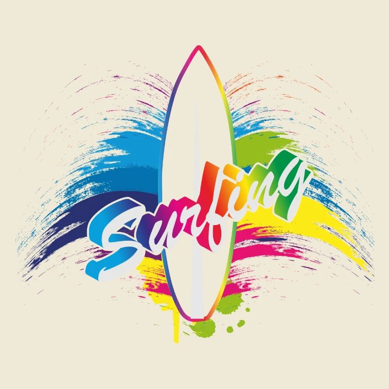 Surfing rainbow surfboard splash typography