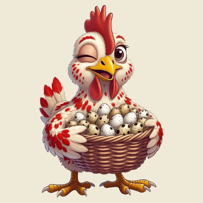 Huhn mit einem Korb voller Eier