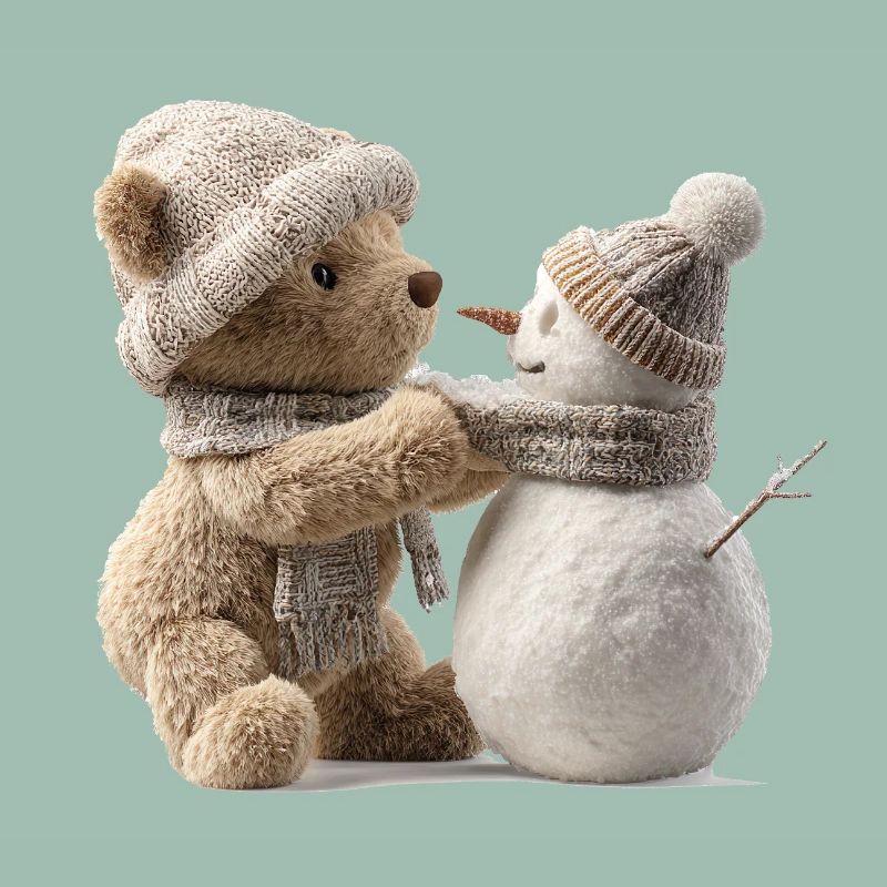 Winter cuddle teddy meets snowman