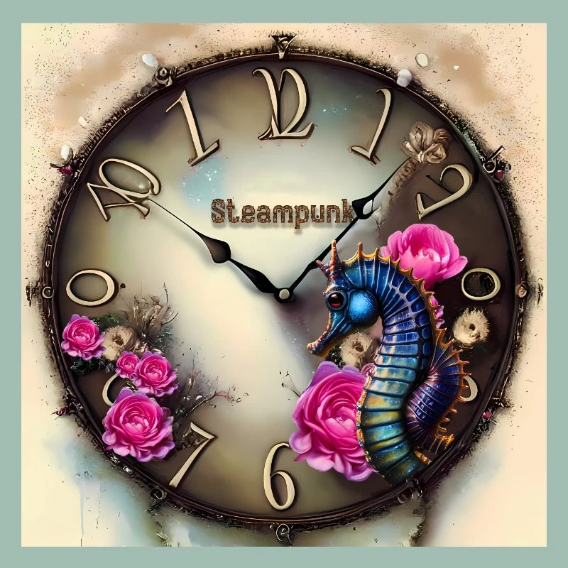 Steampunk Uhr mit Blumen und Seepferdchen