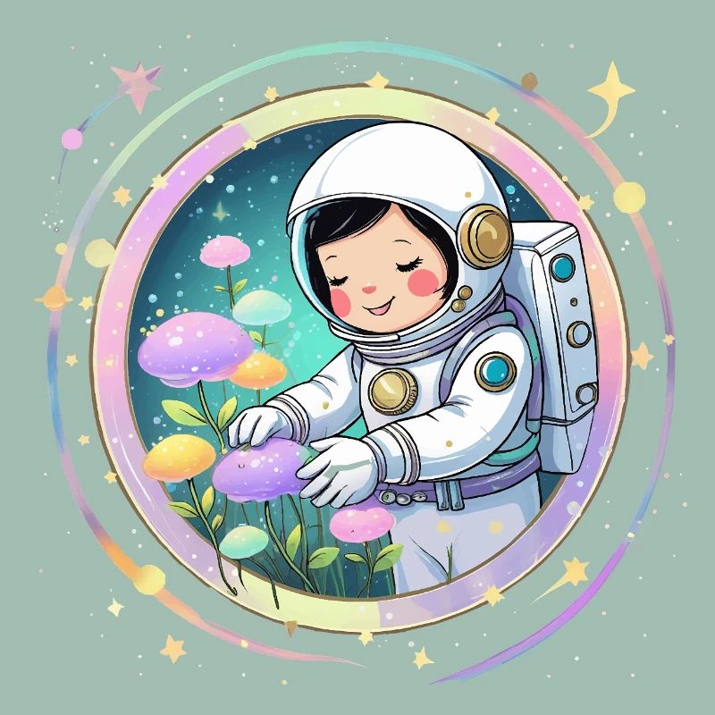 Astronautenmädchen mit Pilzen – Süßes Space-Design
