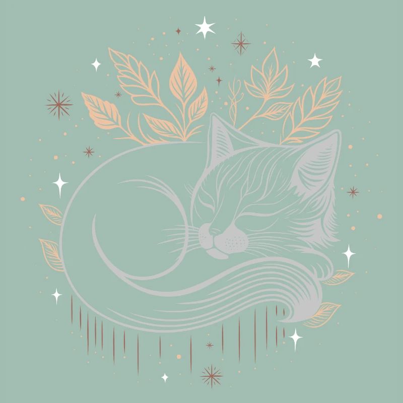 Chat endormi dans le feuillage - Nuit d’automne mystique