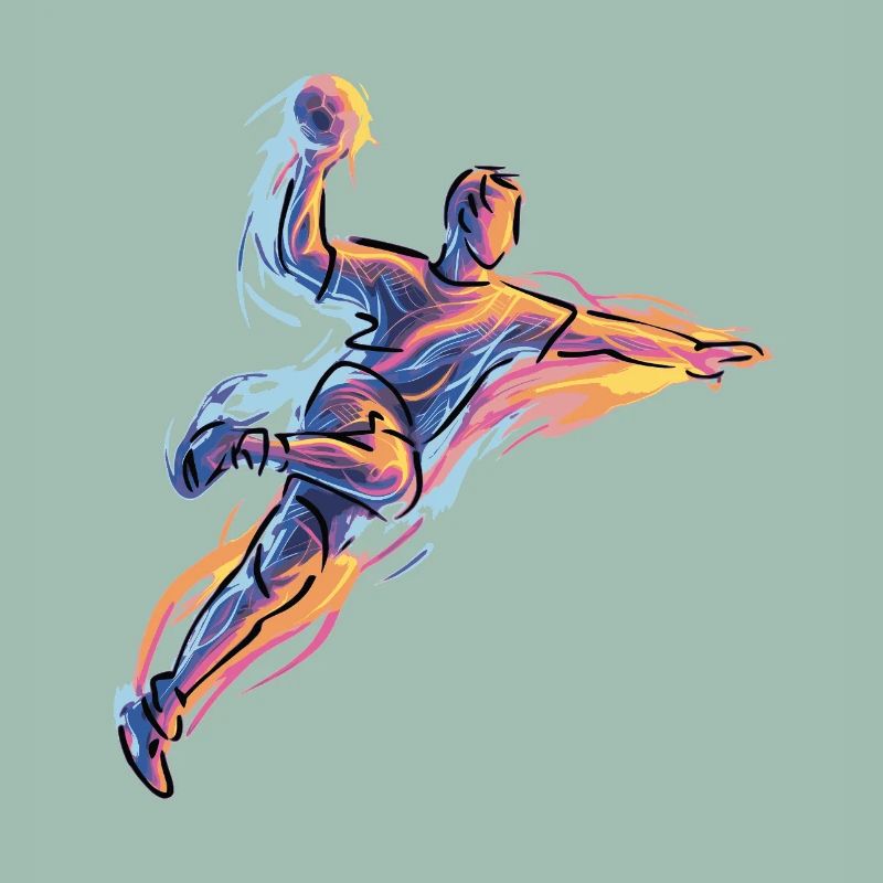 Dynamic handball jump throw in neon flames