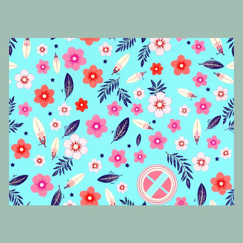 Floral pattern with surfboards on sky blue