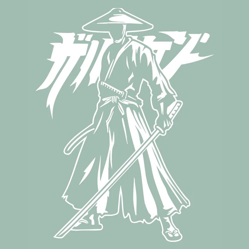 Silhouette de samouraï avec katana et lettrage