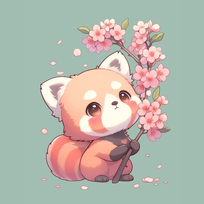 Cute Red Panda Sakura Cherry Blossom Chibi Style