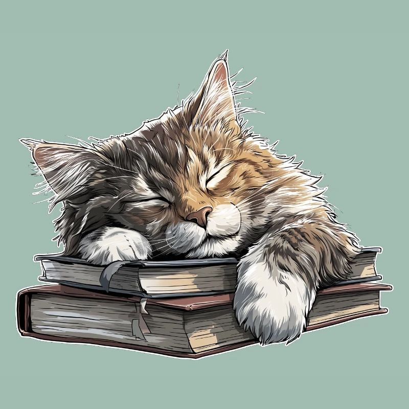 Cute Cat Sleeping on Book Pile
