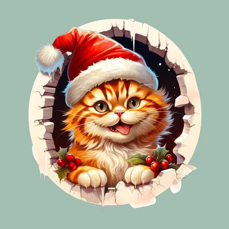 Chat de Noël sortant d’un trou