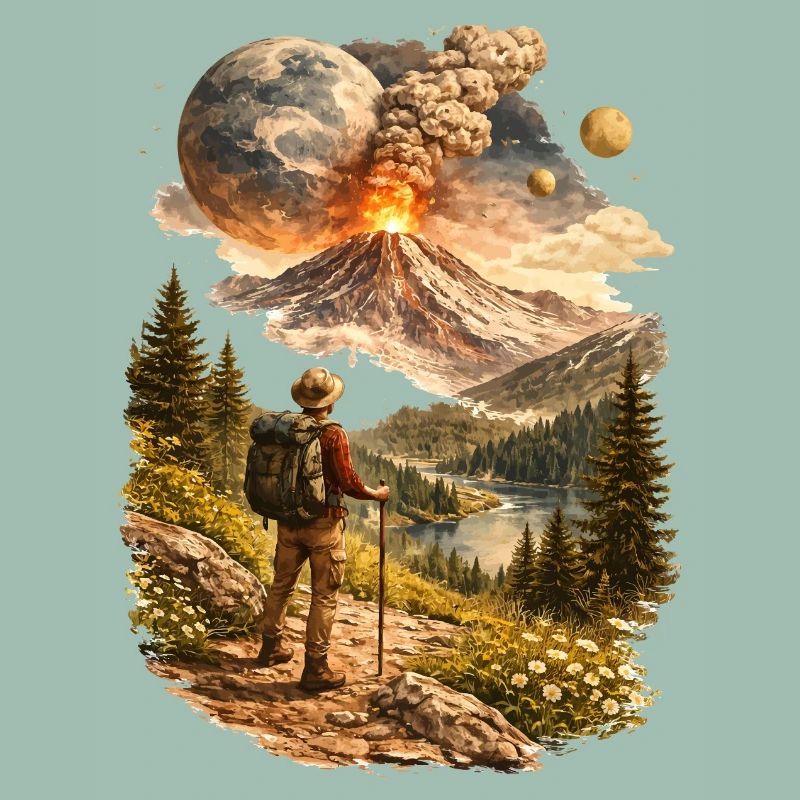 Des randonneurs devant un volcan en éruption et un monde étrange