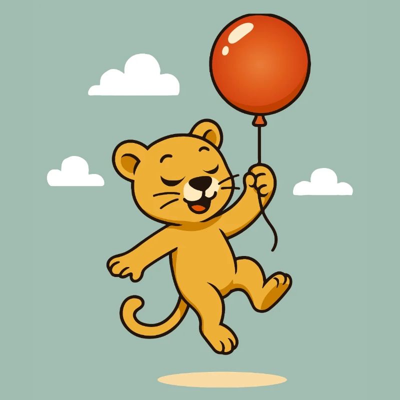 Fröhlicher Löwe mit Ballon schwebt durch die Lüfte