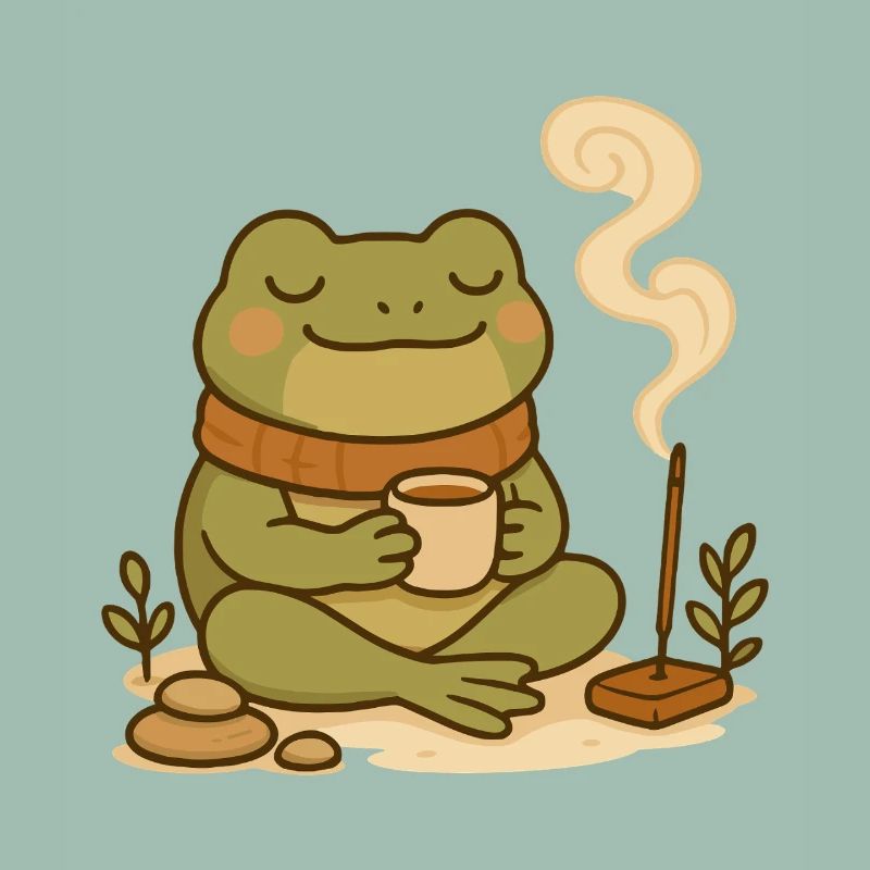 Achtsamer Frosch mit Tee & Räucherstäbchen