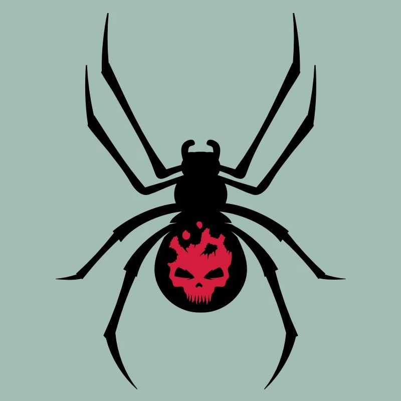 A black spider with red skull