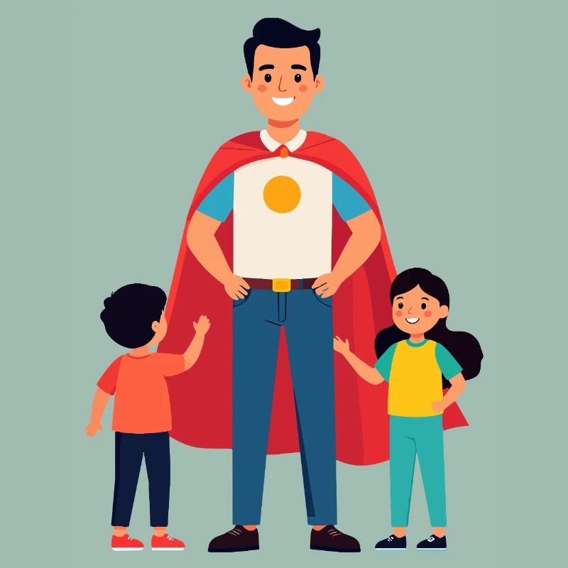 Erzieher Held oder Heldenvater mit Cape und Kinder