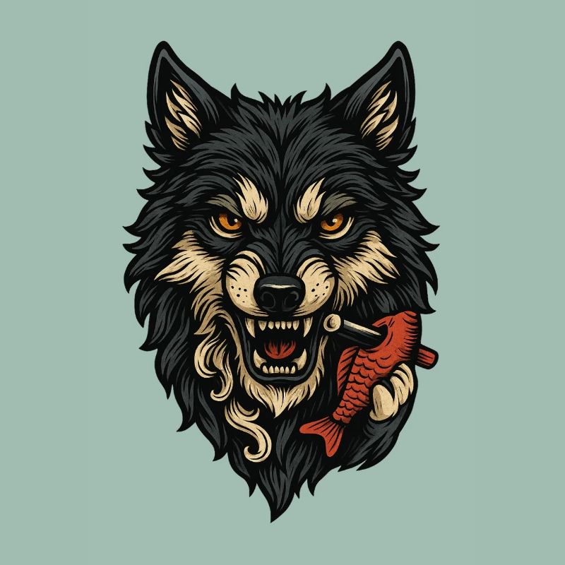 Wildes Wolfsgesicht mit Knochen