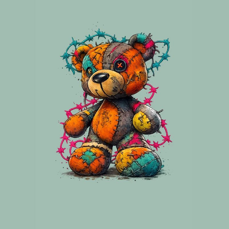 Patchwork teddy bear with neon threads