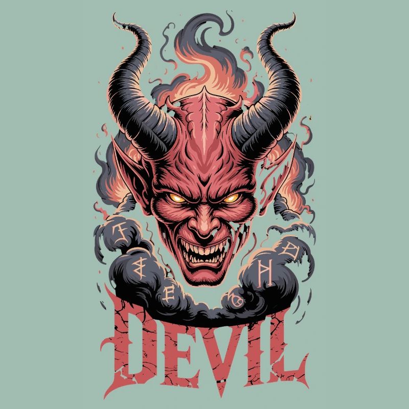 Devil Demonic Head with Horns Flames Runes
