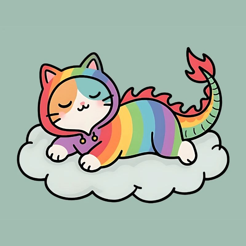 Relaxed rainbow dragon cat on cloud