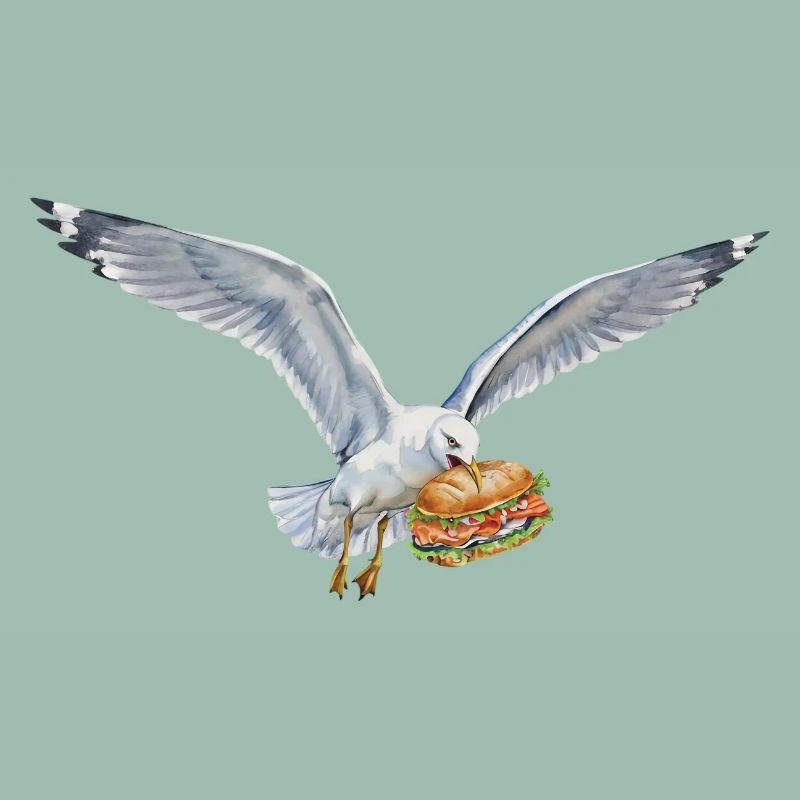 Funny Seagull Steals Fish Rolls Beach