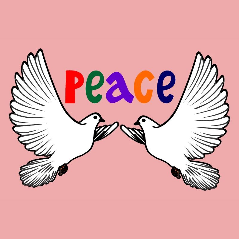 Zwei weiße Friedenstauben mit farbigem Text PEACE
