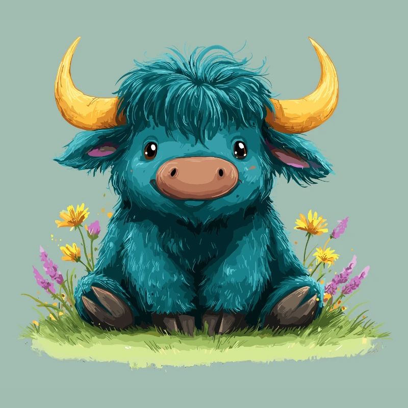 Yak bleu dans une mer de fleurs