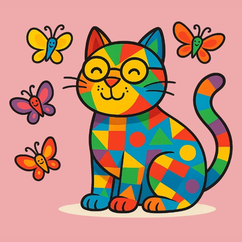Patchwork Cat with Colorful Butterflies