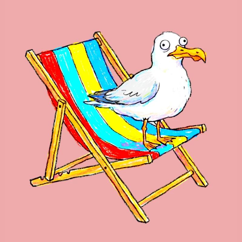 Seemöwe auf buntem Strandstuhl