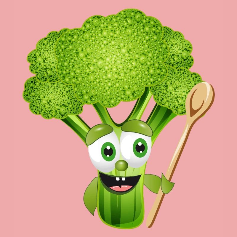 funny comic broccoli florets with cooking spoon