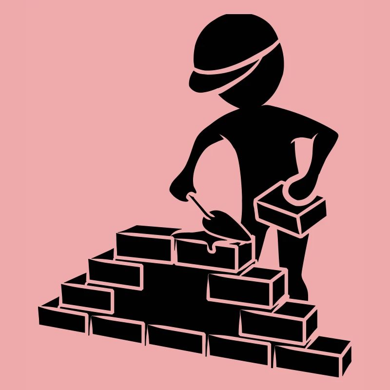 Construction workers with mason trowel, mortar and wall