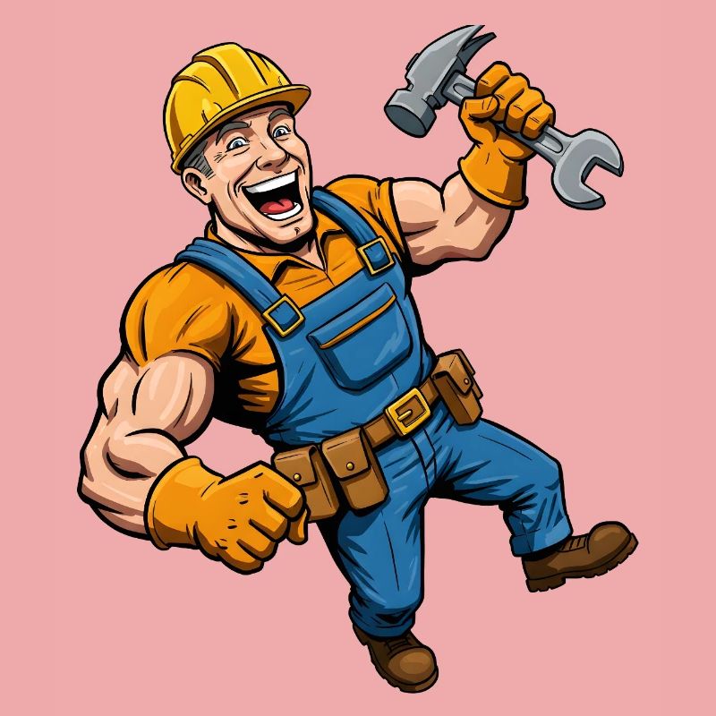 Cheerful cartoon construction worker with tools