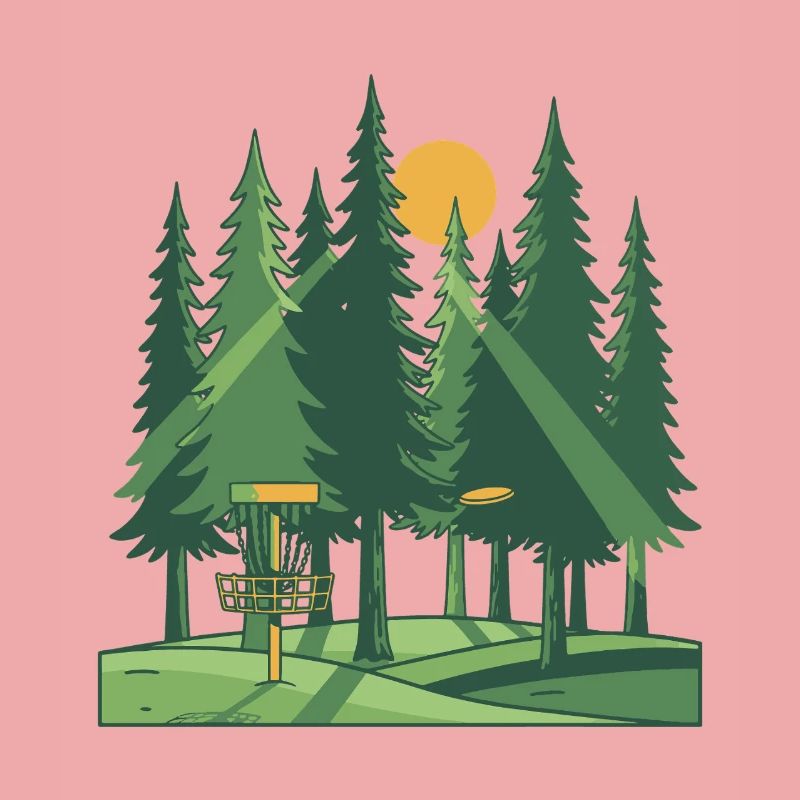 Disc Golf Forest Sunset Flying Disc Basket Scene
