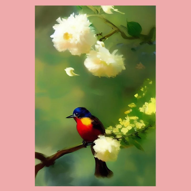 Oiseau sur branche avec fleurs