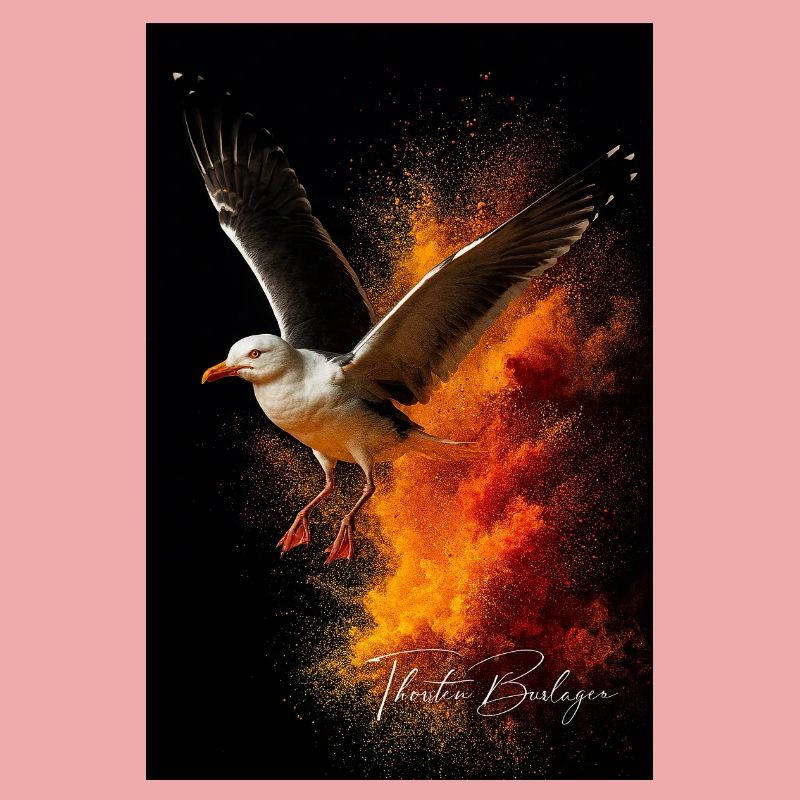 Vol de mouette devant la poussière de feu