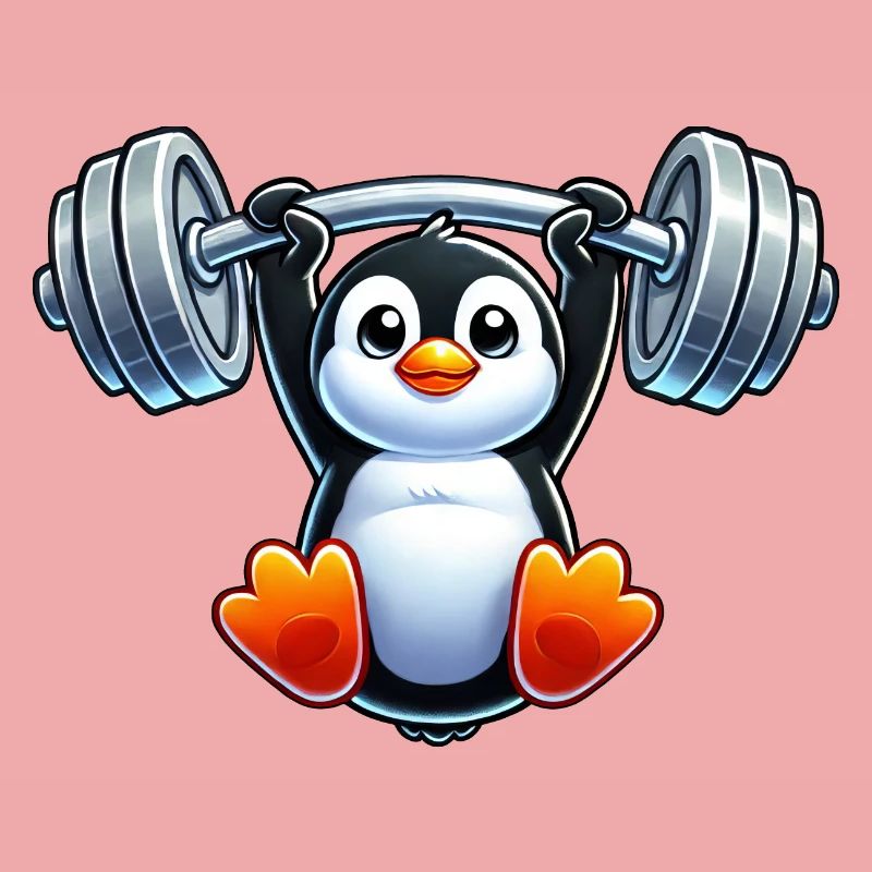Cute cartoon penguin with dumbbell pull-up head