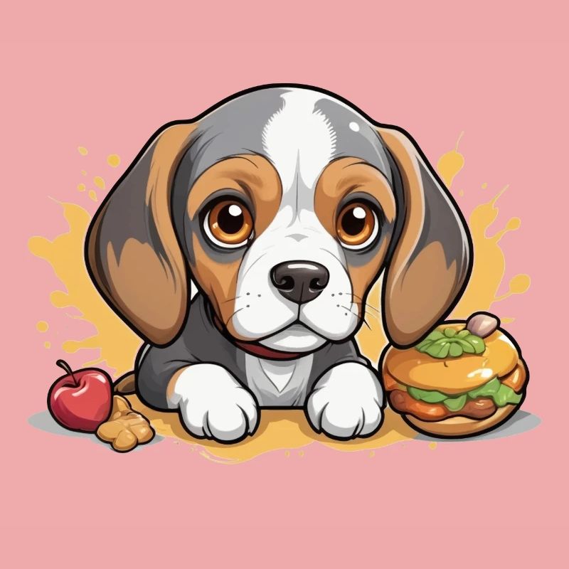 Petit chiot Beagle avec pomme et hamburger