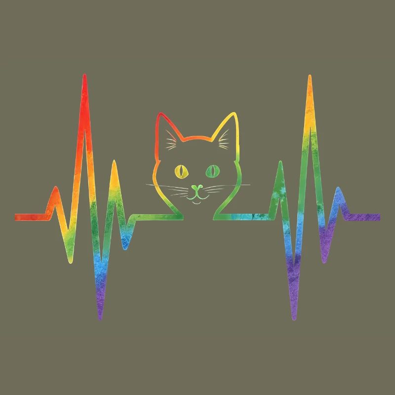 Rainbow cat with pulse heart line