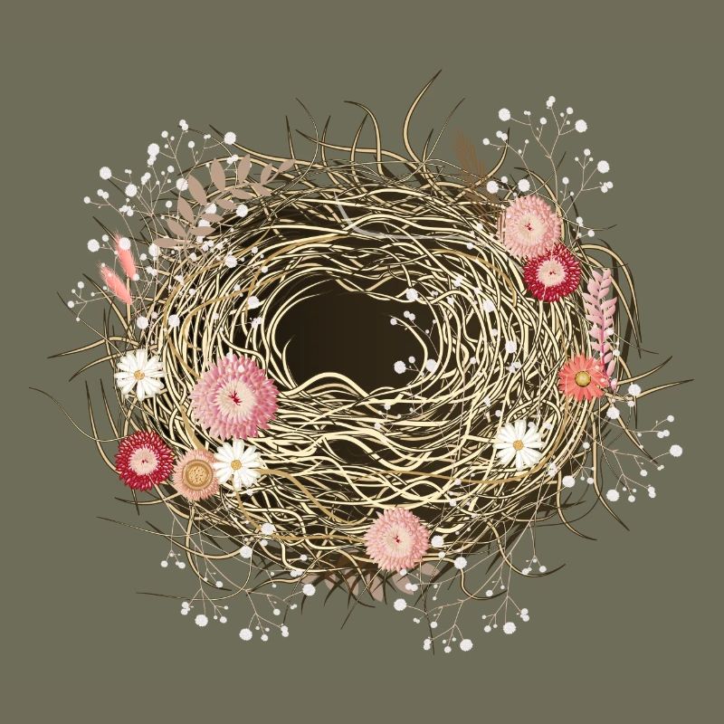 leeres Vogelnest oder Osternest mit Trockenblumen