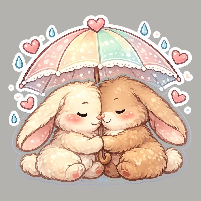 Cuddly rain rabbits under umbrella