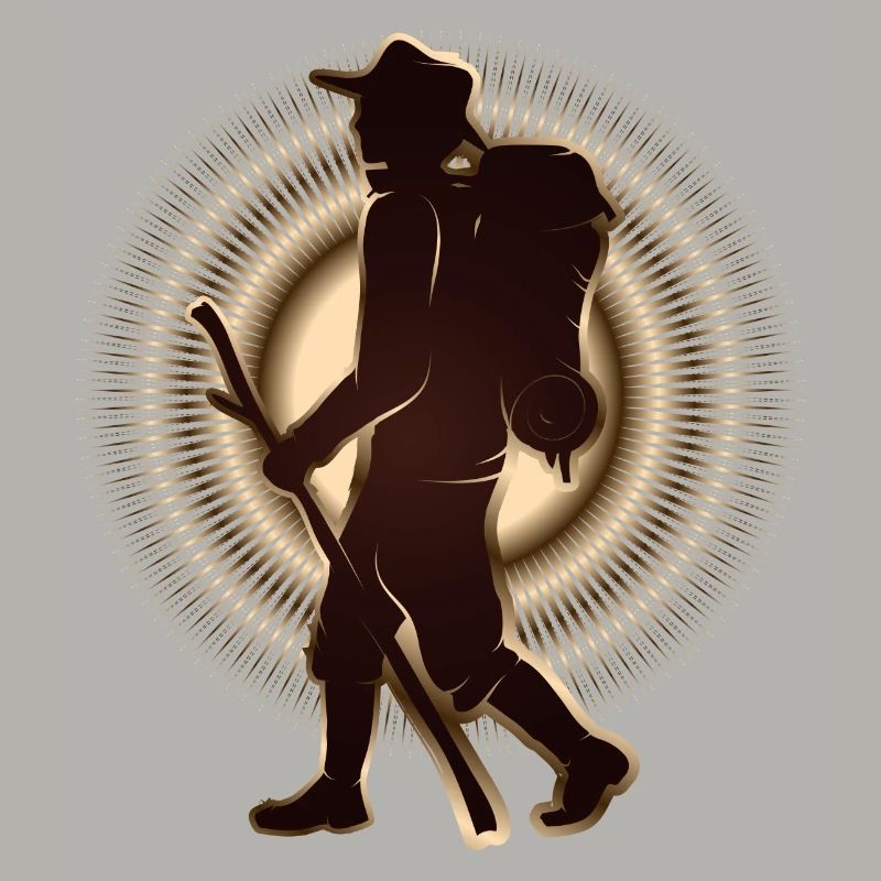 Pilgrim or hiker with walking stick & backpack