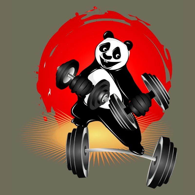Bodybuilder panda bear with dumbbells while exercising